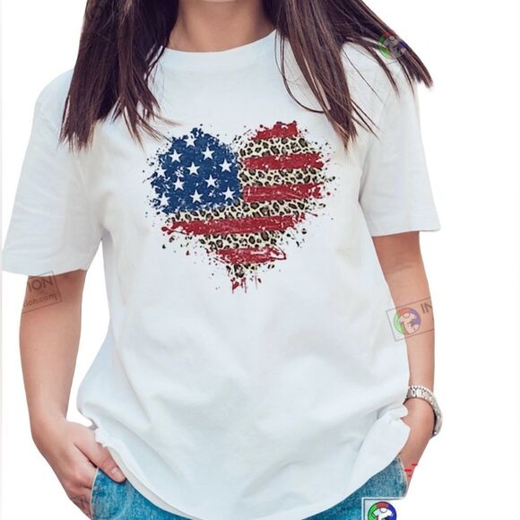 White T-Shirt with American Flag Heart Design Size: XLG Color: Red/White/Blue - Picture 1 of 5
